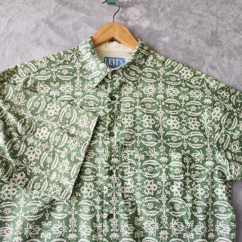 Vintage LEVIS Shirt Mens Medium Hawaiian Tiki Button Up Green White 1991 90's - Picture 1 of 8